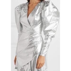 NWT ROTATE BIRGER CHRISTENSEN Metallic Silver Puff Sleeve Party Mini Dress 4